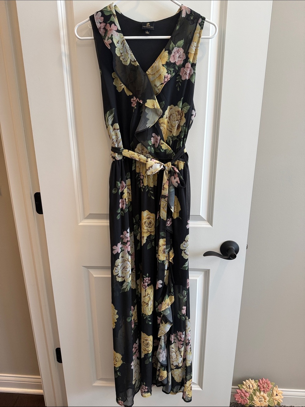 Disney Princess Black Maxi Dress with Yellow and Pink Floral Print
